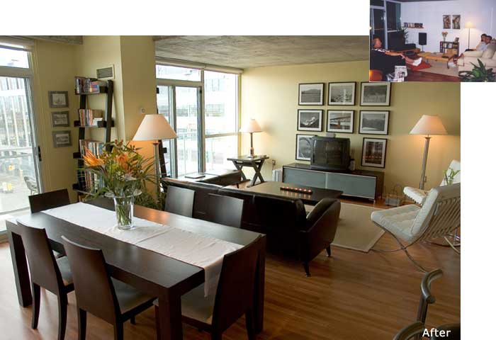 Dining/living room creates a statement with colour and neutrals in accord